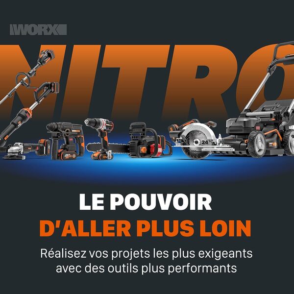 WORX Nitro - Tondeuse à Gazon sans Fil 40V - 4Ah - Surface Maximum de 500 m² - Ø37cm - Coupe jusqu'aux Bordures - 6 Hauteurs de Coupe - Livrée avec 2 Batteries et Chargeur - WG737E