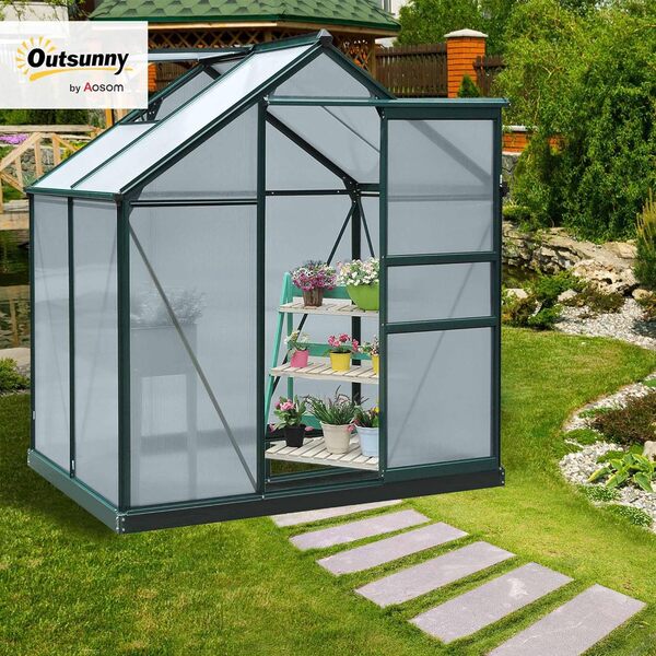 Outsunny Serre de Jardin Polycarbonate 2,51 m² Serre en Aluminium pour Le Jardin 190 x 132 x 201 cm résistant aux UV, avec Fondation renforcé, gouttière, Lucarne et Porte Coulissant, Vert foncé