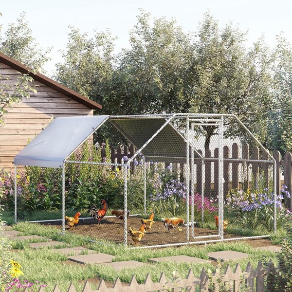 PawHut Enclos poulailler chenil 10,64 m² - Parc grillagé dim. 3,8L x 2,8l x 1,95H m - Espace Couvert - Acier galvanisé