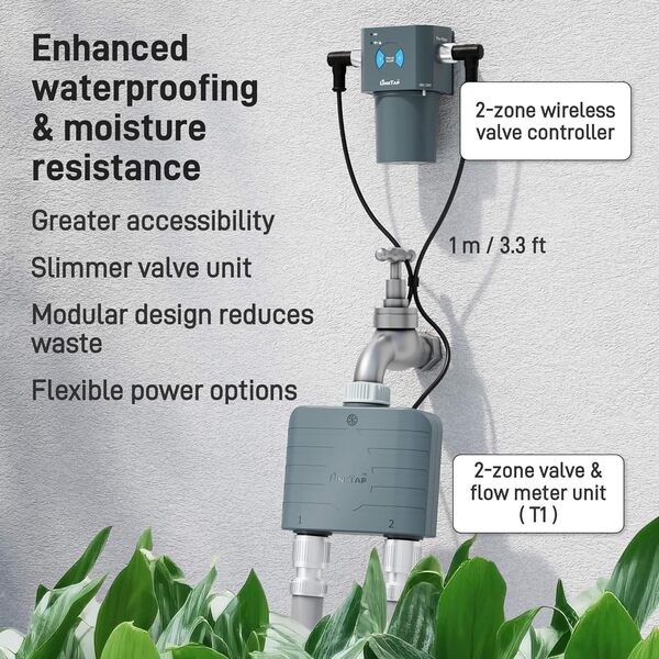 LinkTap T1 Ordinateur d'irrigation Automatique et passerelle, contrôle d'irrigation à 2 Voies, débitmètre intégré, réglage de la météo, Plus Grande portée Que Le WiFi, détection d'erreur en Temps