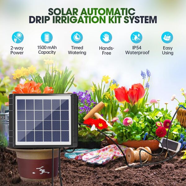Skycow Système d'irrigation goutte à goutte automatique à énergie solaire et USB, 15 pots pour intérieur et extérieur, jardin, balcon, système d'arrosage anti-siphonnage, 25 modes de synchronisation