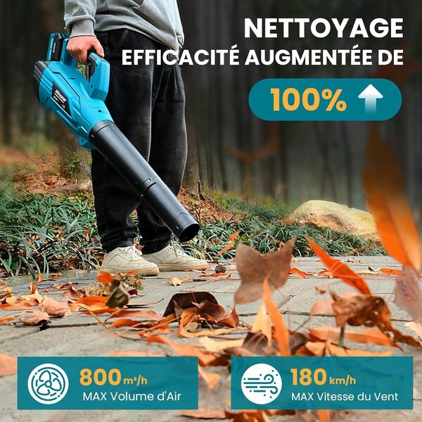 Souffleur Batterie, 5 Vitesses Souffleurs de Feuilles sans Fil avec Moteur Brushless, 2 Batteries 5.2Ah/18V, 35.000 RPM, Vitesse de l'Air 180 km/h, Débit d’Air 800 m³/h, 2 Buses Interchangeables