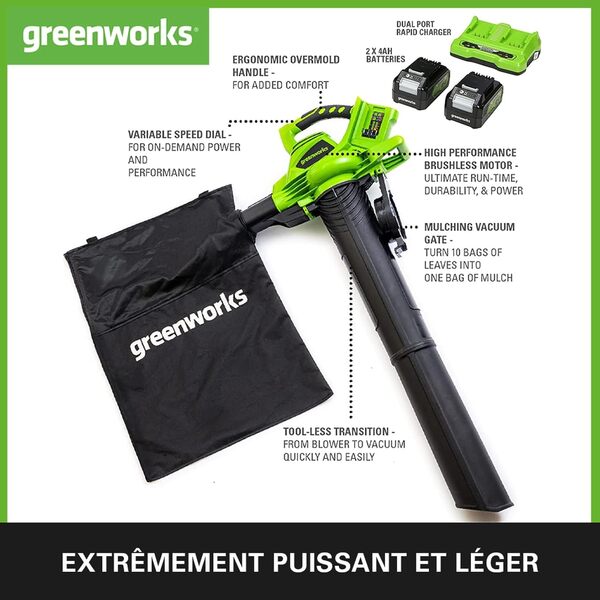 Greenworks 2x24V Aspirateur Souffleur Sans fil de Feuilles à Batterie Bandoulière, Moteur Sans Balais, 322km/h, 9m³/min, Sac Mulching 45L, 2 Batteries 24V 4Ah, Chargeur, Garantie 3 Ans GD24X2BVK4X