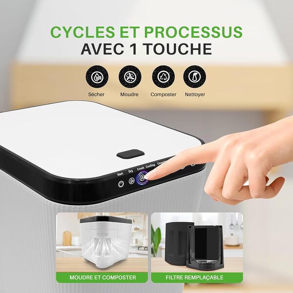 Nutrichef Composteur Cuisine Électrique 3L – Poubelle Compost Cuisine Automatique de Comptoir - Fonctions de Séchage, Broyage et Refroidissement - sans Odeur, Blanc