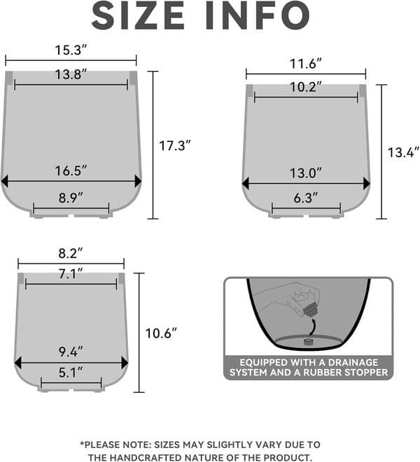 Kante Grand Pot de Fleurs Rond en béton pour extérieur et intérieur avec Trous de Drainage et Bouchon en Caoutchouc pour la Maison, Le Jardin, la terrasse, béton Naturel - 38,9 cm + 29,5 cm + 20,8 cm