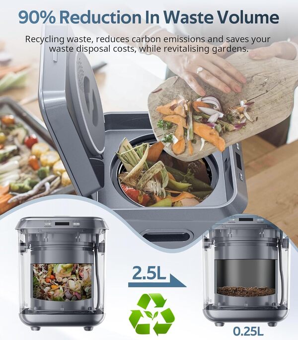 Composteur électrique de Cuisine pour intérieur : 2,5 L - Poubelle de Compost Intelligente inodore avec Filtre à Charbon Amovible - Lame de broyage Mise à Jour pour Transformer Les déchets en