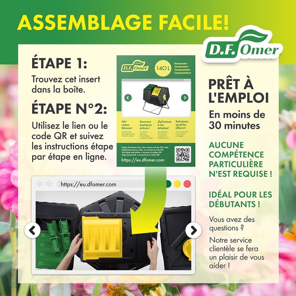 Composteur de Jardin Double Chambre DF OMER - Petit Composteur Rotatif avec système de Rotation Facile, 2 Portes coulissantes, Cadre en Acier Robuste - Toutes Saisons, sans BPA (18.5gal/70L)