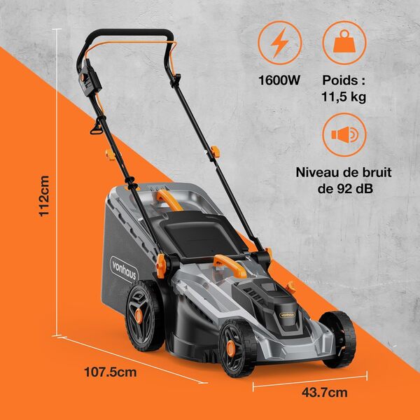 VonHaus Tondeuse à Gazon 1 600 W - Tondeuse de Jardin Électrique Filaire - Sac de Ramassage 42 L, Largeur 380 mm, Guidon Pliable Réglable en Hauteur, 5 Réglages de Hauteur