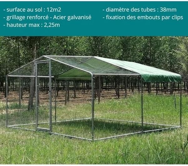 Animal Valley - enclos Poulailler 12m² Tubes 38mm H2,25m - Acier galvanisé - L 400 x l 300 x H 225 cm - - Gris - Parc Grillagé Renforcé 4x3m