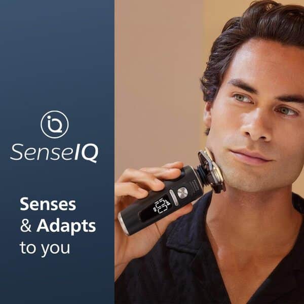 Philips Norelco Shaver Series 9000 Prestige Rasoir électrique humide et sec, système de rasage Lift & Cut, technologie SenseIQ, tondeuse de précision, dosette de nettoyage, pochette premium, noir mat,