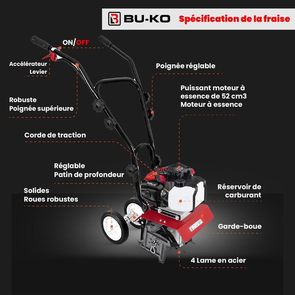BU-KO 52CC Moteur de motoculteur à Essence de Jardin 3HP 2 Temps cultivateur de Sol à Gazon Rotovator Moteur léger Compact Puissant poignées sûres 1 Ans de Garantie