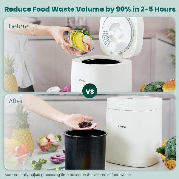 Karfo Composteur électrique pour cuisine, bac à compost intelligent intérieur/extérieur, sans odeur, fonctionnement automatique à un seul bouton, transforme les déchets alimentaires en engrais pour