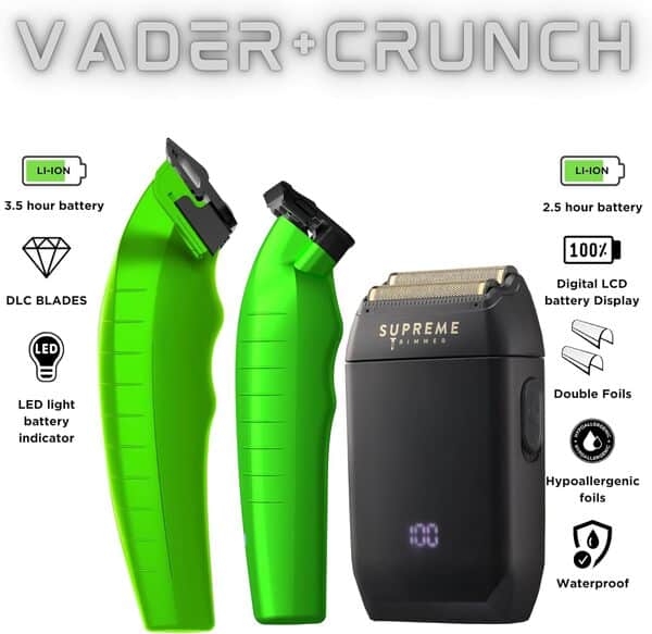 Supreme Trimmer Kit de barbier 3 en 1 | Tondeuse Vador, tondeuse Vader et rasoir Crunch | Tondeuse à barbe professionnelle pour homme, tondeuse moteur sans balais et rasoir étanche IPX6 | Acide