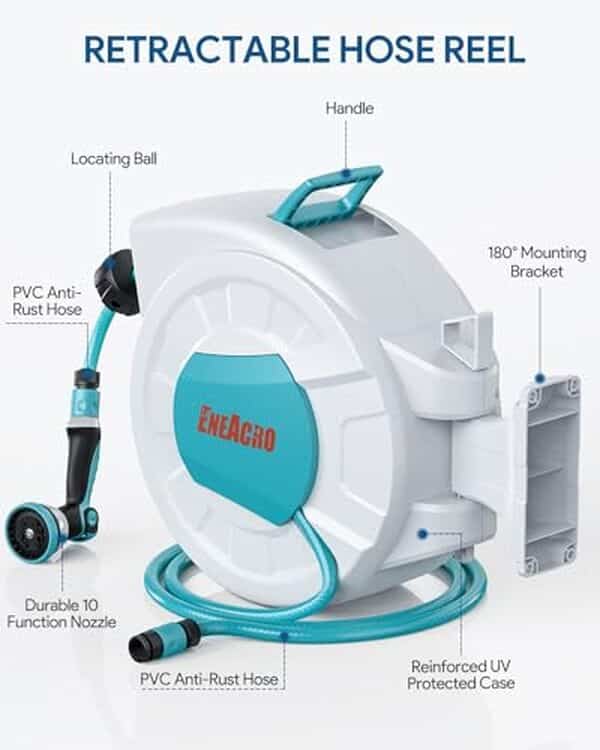 Découvrez le dévidoir automatique Eneacro 30 m : enrouleur pivotant à 180° idéal pour simplifier votre routine d'arrosage. Profitez d'une efficacité optimale avec un outil indispensable pour tout jardinier.